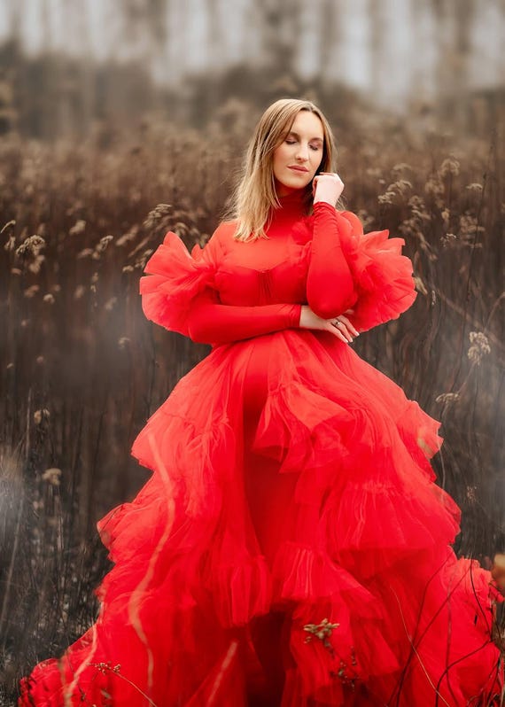 chinese dress ladies Momyknows Solid Color Tulle Spaghetti Strap Backless Ruffle Lace-Up Grenadine Photoshoot Gown Baby Shower Maternity Maxi Dress Sky Blue / M
