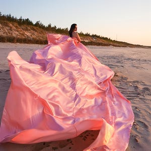 Pink Satin Flying Dress: Long Train, Convertible Gown, Flying dress for Photoshoot, Santorini Flying Dress