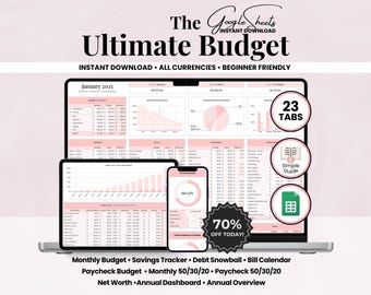 Annual Budget Google Sheets Spreadsheet Monthly Weekly Biweekly Paycheck Budget Planner Debt Tracker Bill Calendar 50/30/20 Ultimate Budget