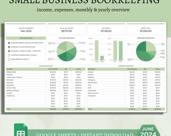 May include: A green, white, and blue pie chart shows income overview for a small business. The chart is labeled with categories such as website sales, wholesale, and Amazon sales. The total net income is $9,170.00. A bar graph shows net profit of $7,195.00. A second pie chart shows expenses overview for the business. The chart is labeled with categories such as supplier, shipping, and hosting. The total net expense is $2,185.00. The profit goal is $7,000.00. The document is titled "Small Business Bookkeeping: income, expenses, monthly & yearly overview".