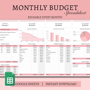 Monthly Budget Template: Google Sheets, Expense Tracker (Digital Download)