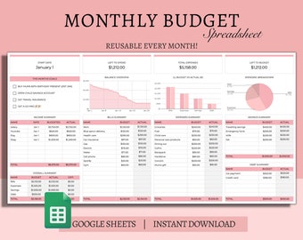 Monthly Budget Spreadsheet For Google Sheets, Budget Template, Digital Budget Planner, Budget By Paycheck, Bill Tracker, Expense Tracker