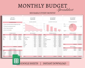 Monthly Budget Spreadsheet: Google Sheets Budget Planner (Digital Download)