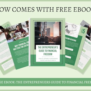 May include: A green and white ebook cover with the title "The Entrepreneur's Guide to Financial Freedom". The cover features a cityscape and the text "How to Optimize Your Business Budget and Build Wealth".