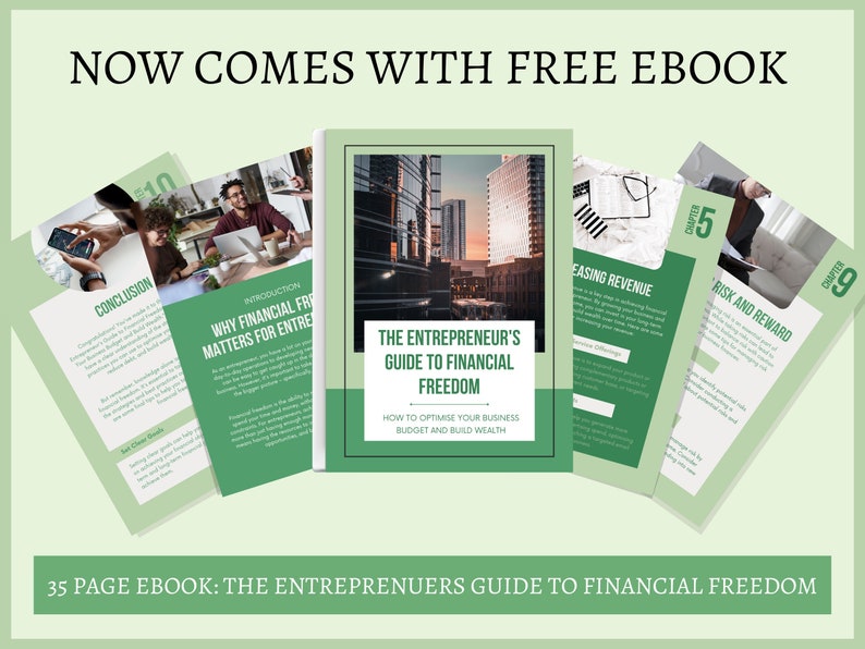 May include: A green and white ebook cover with the title "The Entrepreneur's Guide to Financial Freedom". The cover features a cityscape and the text "How to Optimize Your Business Budget and Build Wealth".