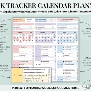 Pu&ograve; includere: Un pianificatore di calendario di monitoraggio delle attivit&agrave; digitale con uno schema di colori azzurro e rosa. Il pianificatore include sezioni per calendari mensili, elenchi di attivit&agrave; e monitoraggio dei progressi. Il testo sull'immagine recita "Task Tracker Calendar Planner".