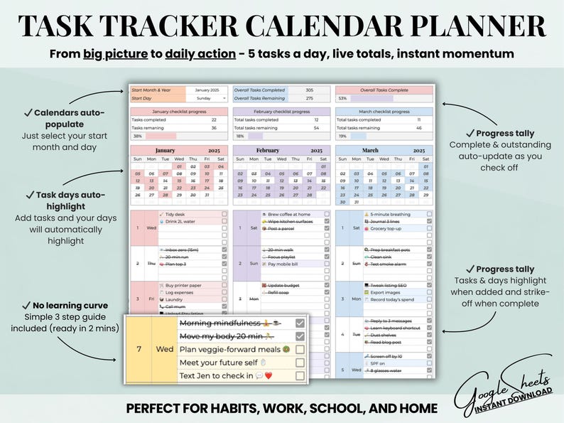 Pu&ograve; includere: Un pianificatore di calendario di monitoraggio delle attivit&agrave; digitale con uno schema di colori azzurro e rosa. Il pianificatore include sezioni per calendari mensili, elenchi di attivit&agrave; e monitoraggio dei progressi. Il testo sull'immagine recita "Task Tracker Calendar Planner".