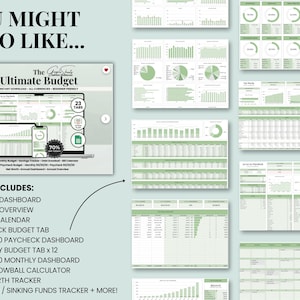 Pu&ograve; includere: Foglio di calcolo digitale Ultimate Budget con un mockup di laptop e telefono, pi&ugrave; grafici e diagrammi verdi e bianchi. Include dashboard annuale, calendario intelligente e calcolatore di palle di neve del debito. Il testo recita "You might also like..." e "The Ultimate Budget".