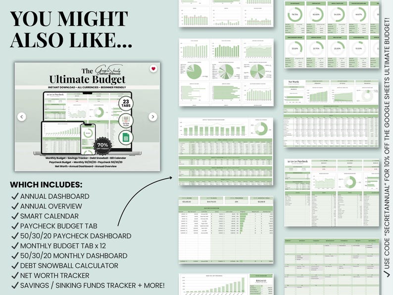 Pu&ograve; includere: Foglio di calcolo digitale Ultimate Budget con un mockup di laptop e telefono, pi&ugrave; grafici e diagrammi verdi e bianchi. Include dashboard annuale, calendario intelligente e calcolatore di palle di neve del debito. Il testo recita "You might also like..." e "The Ultimate Budget".