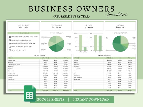 Business Owners Finance Spreadsheet: Google Sheets Bookkeeping Template (Digital Download)