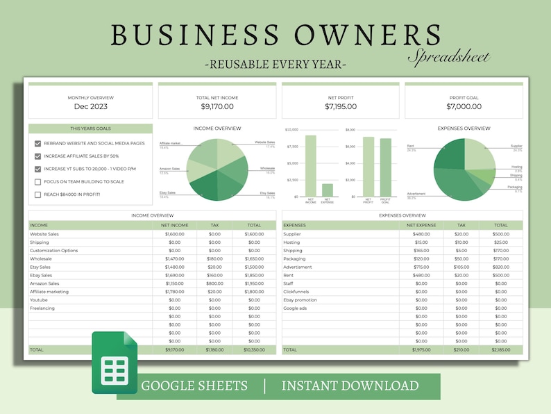 Op de afbeelding: Een groene en witte spreadsheet met de titel "Business Owners - Reusable Every Year - Spreadsheet". De spreadsheet is verdeeld in secties voor maandelijkse overzicht, inkomstenoverzicht, uitgavenoverzicht en netto-inkomsten, nettowinst en winstdoel. De spreadsheet bevat een cirkeldiagram voor inkomstenoverzicht, een staafdiagram voor nettowinst en een cirkeldiagram voor uitgavenoverzicht. De spreadsheet bevat ook een tabel met inkomsten- en uitgavencategorie&euml;n en hun overeenkomstige bedragen.