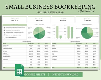 Small Business Bookkeeping Spreadsheet Template Google Sheets, Easy Bookkeeping Template, Income & Expenses Tracker, Financial Tracker