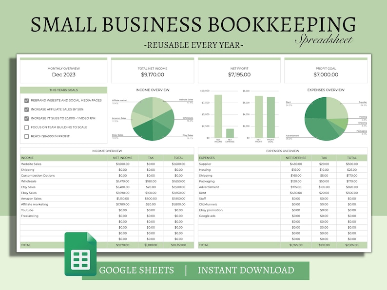 May include: A green and white spreadsheet template for small business bookkeeping. The spreadsheet includes sections for monthly overview, income overview, expenses overview, net income, net profit, and profit goal. The spreadsheet is designed to be reusable every year. The text "Google Sheets | Instant Download" is at the bottom of the spreadsheet.