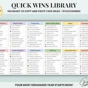 Pu&ograve; includere: Un pianificatore digitale intitolato "Quick Wins Library" con 144 idee di attivit&agrave; pronte per essere copiate e incollate in 12 categorie. Le categorie includono Salute e fitness, Mente e umore, Produttivit&agrave; e altro. Il pianificatore &egrave; progettato per Google Sheets.