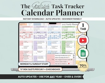 May include: A laptop screen displays a digital calendar planner titled "The Google Sheets Task Tracker Calendar Planner." The planner features a 2025 yearly view with checkboxes and task slots. Additional text includes "Instant Download," "Auto Updates," and "Beginner Friendly."