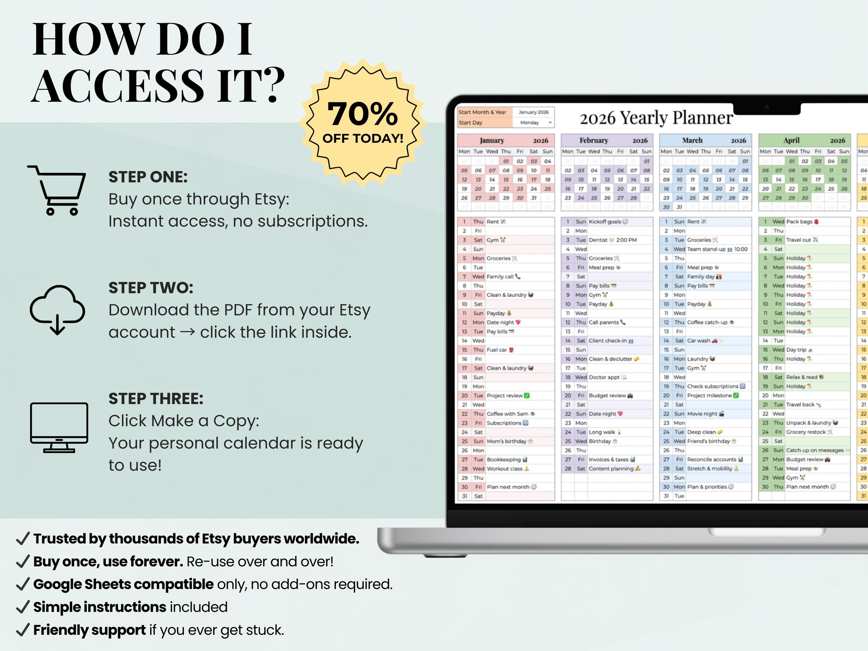 Year at a Glance Calendar | Google Sheets Annual Planner | Yearly ...