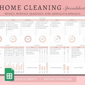 Op de afbeelding: Een afdrukbare schoonmaakchecklist in spreadsheet-formaat van Google Sheets. De spreadsheet is onderverdeeld in wekelijkse, maandelijkse, driemaandelijkse, halfjaarlijkse en jaarlijkse taken. Elk gedeelte heeft een voortgangsbalk om de voltooiing bij te houden. De spreadsheet bevat taken zoals het schoonmaken van de oven, het afstoffen van jaloezieën en gordijnen, het desinfecteren van prullenbakken, het schoonmaken van de koffiemachine en het schoonmaken van plafondventilatoren.