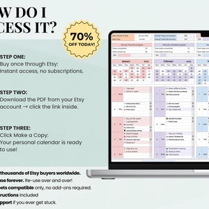 Pu&ograve; includere: Uno schermo di un laptop mostra un calendario digitale con una combinazione di colori pastello. Il testo sullo schermo include le date del calendario e gli elenchi delle attivit&agrave;. L'immagine presenta anche le istruzioni su come accedere al calendario, con una promozione del 70%.