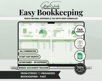May include: A laptop screen displays a Google Sheets template for easy bookkeeping. The template includes charts, tables, and the text "Easy Bookkeeping." Features include tracking income, expenses, and tax with zero formulas.