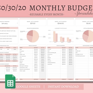 50/30/20 Monthly Budget Spreadsheet: Google Sheets Template (Digital Download)