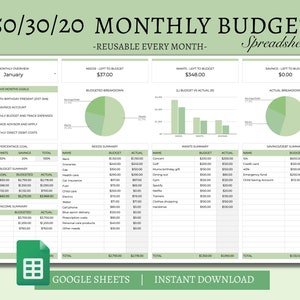 50/30/20 Monthly Budget Spreadsheet: Google Sheets Template (Digital Download)