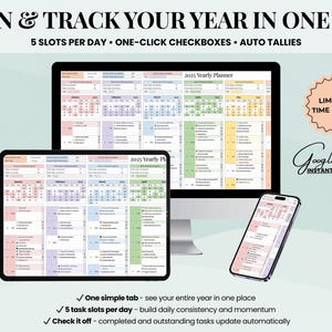 Pu&ograve; includere: Un pianificatore digitale visualizzato su un monitor del computer, tablet e smartphone. Il pianificatore mostra un calendario annuale con sezioni codificate a colori. Il testo include "Pianifica e monitora il tuo anno in un'unica scheda" e "Pianificatore annuale 2025".