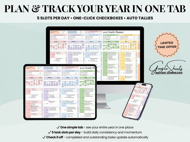 Pu&ograve; includere: Un pianificatore digitale visualizzato su un monitor del computer, tablet e smartphone. Il pianificatore mostra un calendario annuale con sezioni codificate a colori. Il testo include "Pianifica e monitora il tuo anno in un'unica scheda" e "Pianificatore annuale 2025".