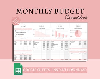 Puede incluir: Una plantilla de hoja de cálculo de presupuesto mensual imprimible en rosa y blanco para Google Sheets. La plantilla incluye secciones para ingresos, gastos, ahorros y un resumen del saldo. El texto "MONTHLY BUDGET Spreadsheet" está en la parte superior de la página.