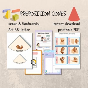 Afdrukbare Flash-kaarten voor het leren van talen Voorzetsels Cadeaukegels Jonge leerlingen PDF-afdrukken voor het lesgeven van Montessori-onderwijs in de Engelse taal
