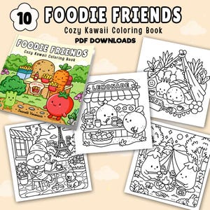 Foodie Friends Cozy Kawaii Kolorowanki | Zestaw jeden 10 stron | Natychmiastowe pobranie pliku PDF