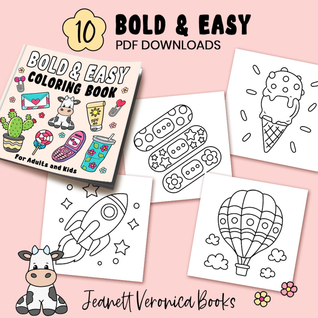 Bold easy coloring pages set four 10 pages instant download pdf