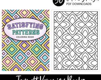 May include: A colouring book cover featuring a colourful geometric pattern and the title "Satisfying Patterns Colouring Book". The cover also includes the text "50 Colouring Pages PDF Downloads" and "Jeanett Veronica Books".