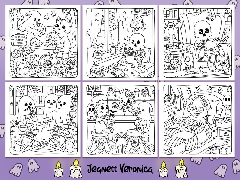 May include: A set of six black and white coloring pages featuring cute Halloween characters. The pages include a ghost reading a book, a skeleton reading a book, a ghost with a cauldron, a monster reading a book, a monster in bed, and a monster with a pumpkin. The pages are perfect for kids of all ages to color and enjoy.