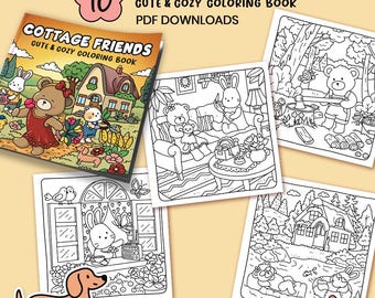 Könnte beinhalten: Ein Malbuch mit 10 Seiten mit niedlichen und gemütlichen Illustrationen von Tieren und Cottages. Das Cover zeigt einen Bären in einem roten Kleid, der Blumen hält. Der Titel des Buches lautet "Cottage Friends: Gute & Gozy Coloring Book".
