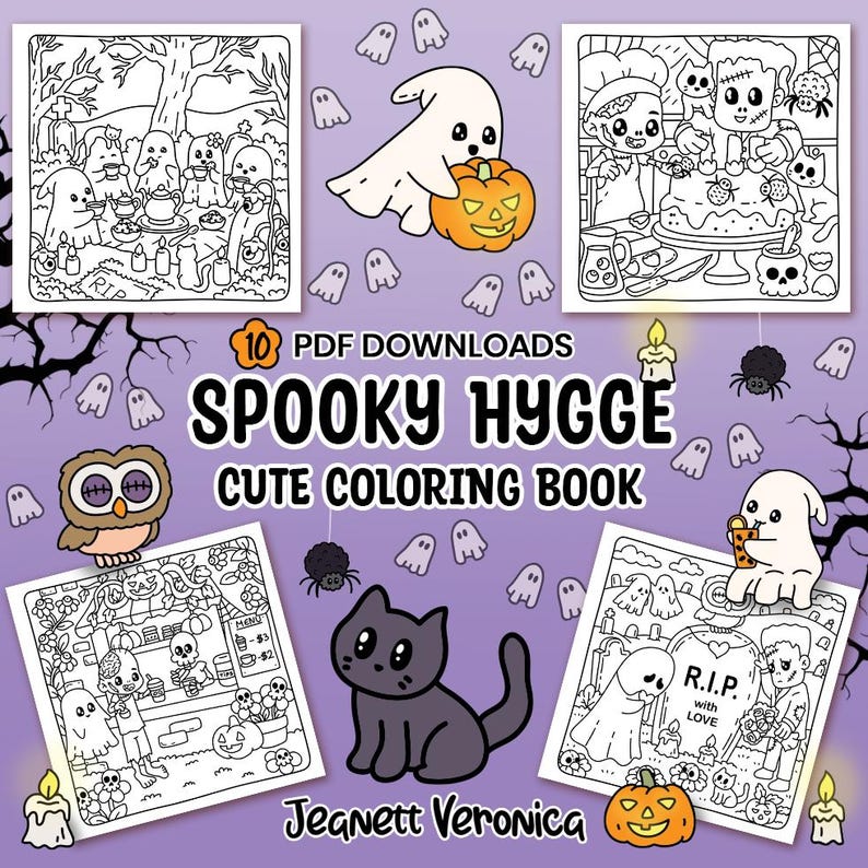 May include: A coloring book with 10 spooky Halloween themed illustrations. The cover features a ghost holding a pumpkin, a black cat, and an owl. The title of the book is "Spooky Hygge Cute Coloring Book".