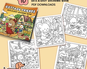 Puede incluir: Un conjunto de páginas para colorear y un libro titulado "Cottage Friends". La portada presenta un oso y un conejo. Las páginas muestran varias escenas temáticas de cabañas con animales. El texto incluye "Cute & Cozy Coloring Book" y "PDF Downloads".