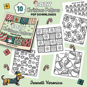 May include: A printable colouring book with 10 Christmas patterns. The cover features a patchwork design with a snowman, candy canes, and Christmas trees. The title of the book is "Cozy Christmas Patterns Colouring Book" by Jeanett Veronica.