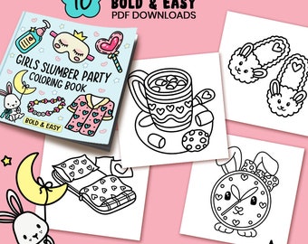 Pode incluir: Um livro para colorir preto e branco com uma capa rosa que apresenta uma menina de pijama e o texto "Girls Slumber Party Coloring Book". O livro está aberto em uma página com um desenho de uma xícara de chocolate quente com marshmallows e um biscoito. Há quatro outras páginas para colorir visíveis, incluindo um relógio, pantuflas e uma cama.