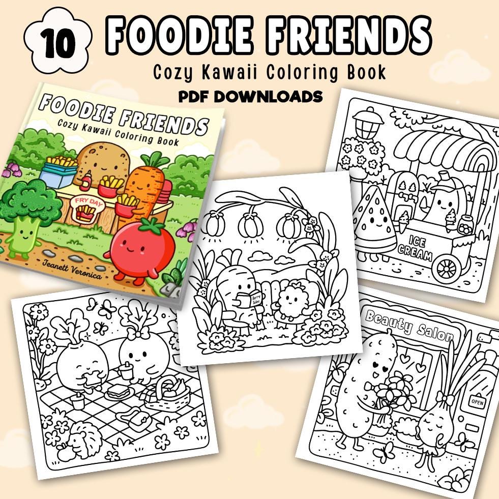 Foodie Friends Cozy Kawaii Coloring Pages Set Two â 10 Cute Printable Pages, Instant PDF Download