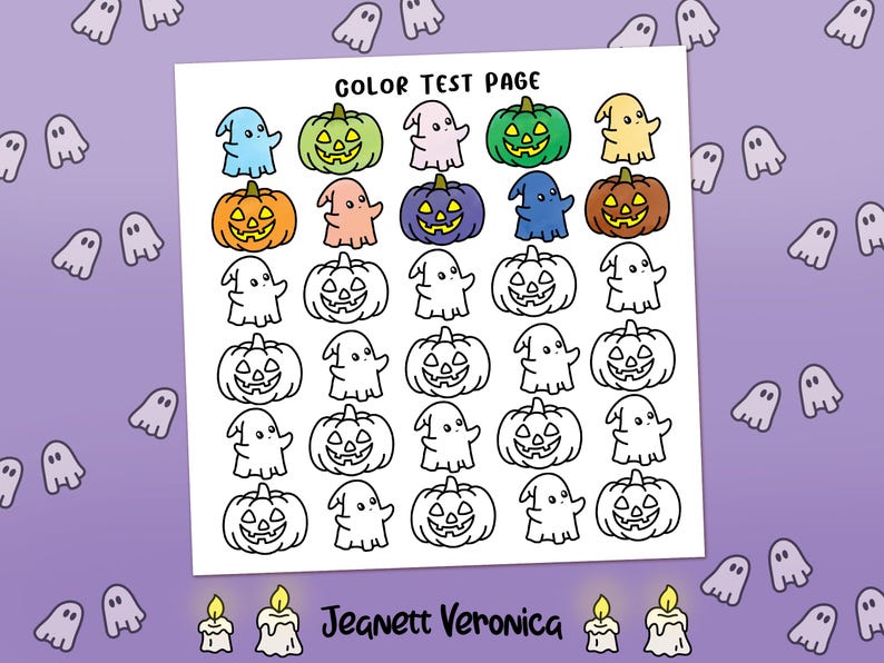 May include: A printable color test page with a Halloween theme. The page features a variety of ghosts and pumpkins in black and white outlines. The text "COLOR TEST PAGE" is at the top of the page.