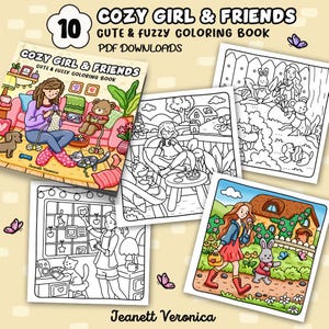 Cozy Girl & Friends Coloring Pages | Set Two 10 pages | Instant Download PDF