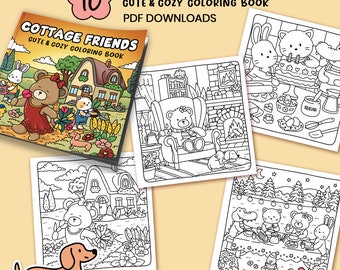 Puede incluir: Un libro para colorear con 10 páginas que presenta a adorables amigos de la cabaña. La portada muestra un oso con un vestido rojo y una casa con un jardín. El libro se titula "Cottage Friends: Gute & Gozy Coloring Book" e incluye el texto "PDF Downloads".