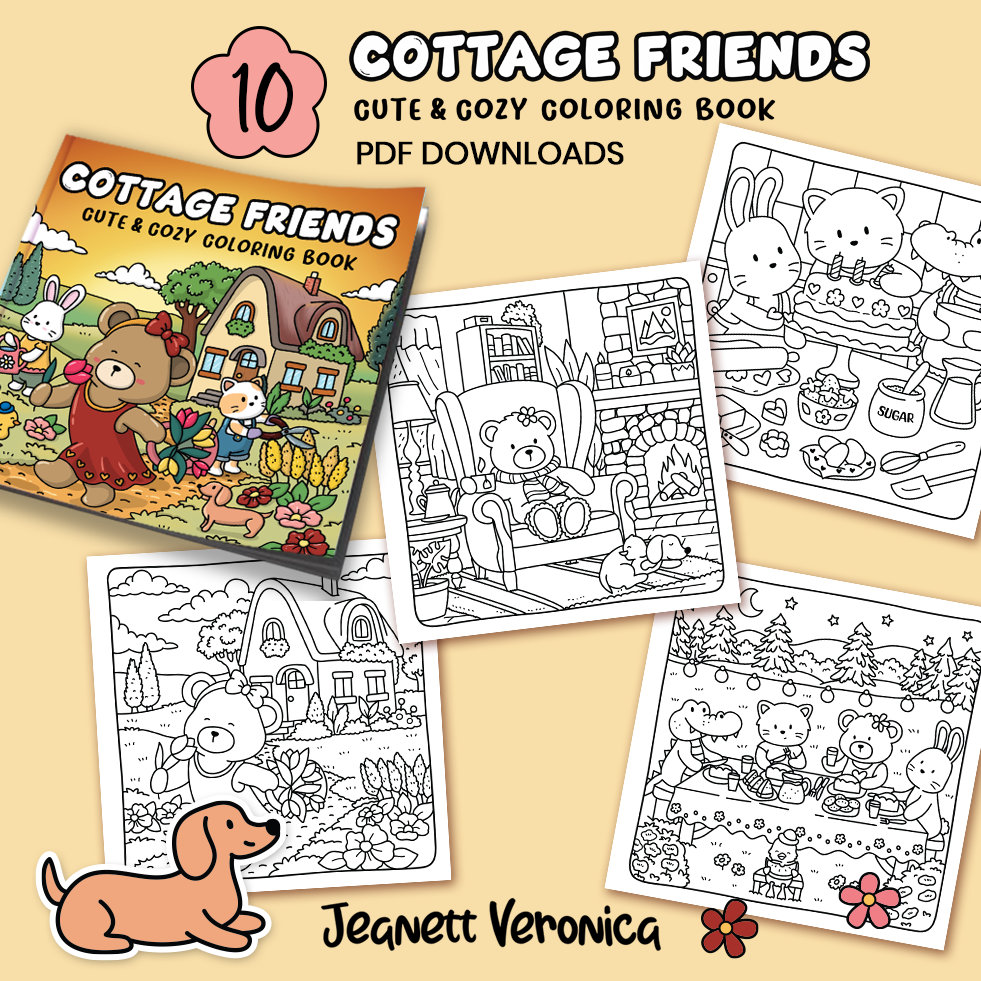 Cottage Friends Láminas para Colorear Set Uno – 10 páginas imprimibles PDF | Descarga instantánea