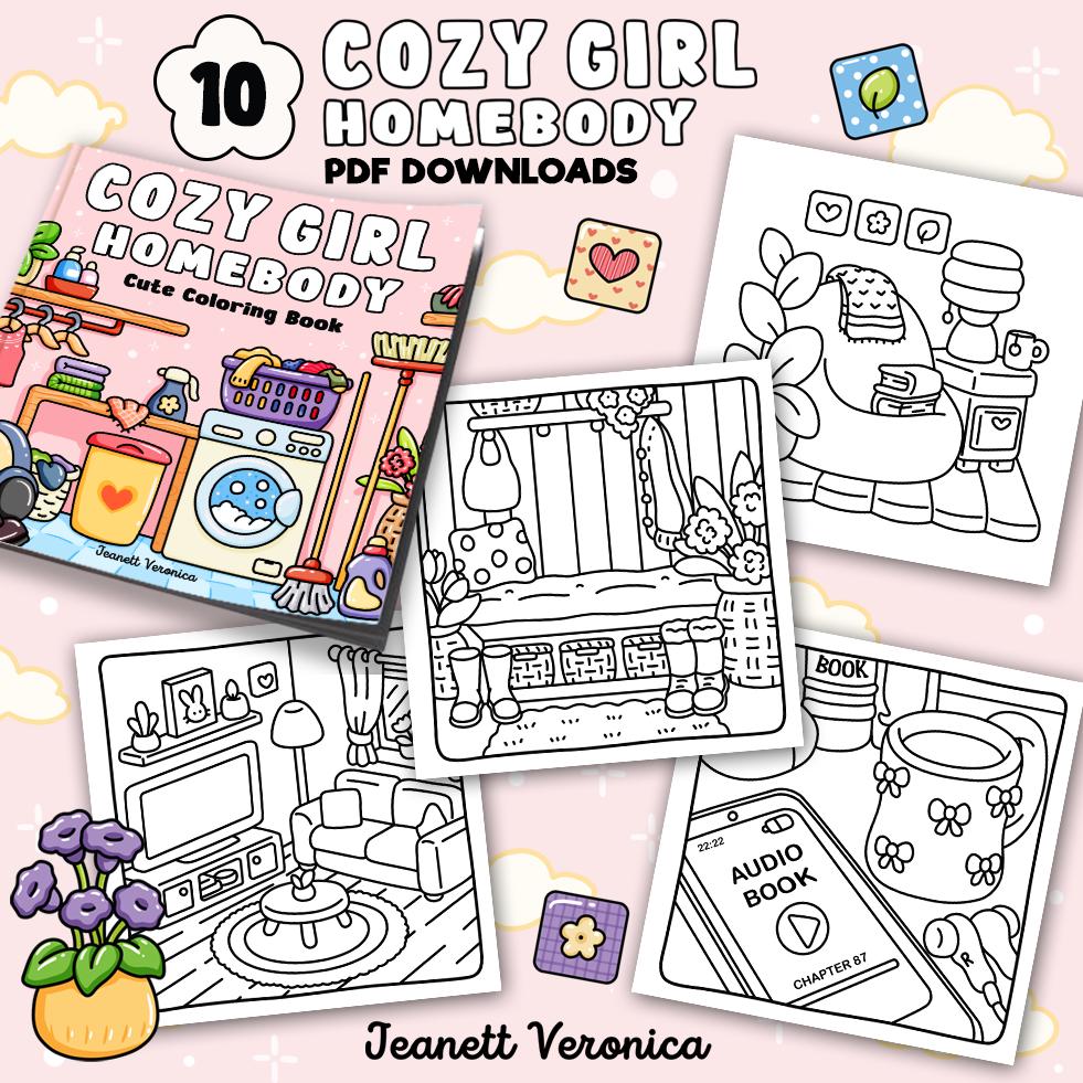 Cozy Girl Homebody Coloring Pages Set | 10 Printable Cute Aesthetic Designs | Instant Download PDF - Image 1