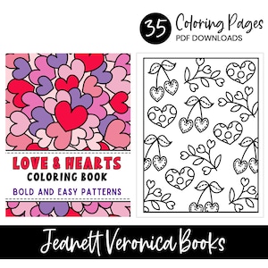 Puede incluir: Una portada de libro para colorear con el título "LOVE & HEARTS COLORING BOOK" y el subtítulo "BOLD AND EASY PATTERNS". La portada presenta un patrón colorido de corazones en rosa, rojo y morado.