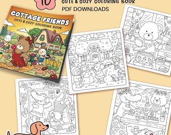Puede incluir: Un libro para colorear con 10 páginas con adorables amigos animales acogedores. La portada muestra un oso con un vestido rojo y sosteniendo flores. El título del libro es "Cottage Friends: Gute & Gozy Coloring Book".