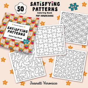 May include: A selection of colouring book pages with diverse patterns, including flowers, hearts, socks, and jigsaw pieces. The book cover features strawberries and the text "SATISFYING PATTERNS Coloring Book PDF DOWNLOADS". The book is labelled "Vol. 2".