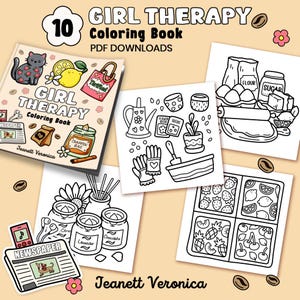 Puede incluir: Un libro para colorear con 10 páginas que presenta ilustraciones en blanco y negro de varios temas, que incluyen hornear, jardinería y cuidado personal. La portada presenta un gato, un limón y el título "Girl Therapy Coloring Book".