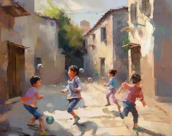 Pode incluir: Quatro crianças brincam com bolas coloridas em um beco estreito e ensolarado. O beco é ladeado por edifícios pintados em tons de branco e bege. As crianças usam roupas casuais e parecem estar se divertindo.
