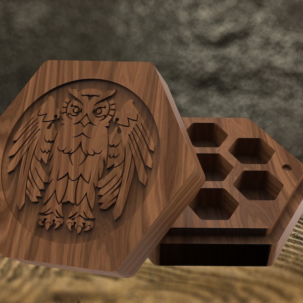 Mystical Owl Dice Box Digital Files - Compatible with Cnc Routers, Laser Cnc Machines, and 3D Printers, Dxf, Svg, and Stl Formats